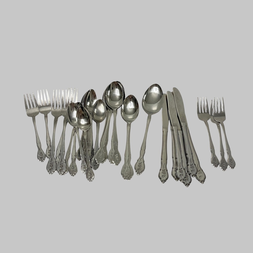 Barclay Geneva Stainless‎ Steel Rose Floral Engraved Flatware Lot 37 Pieces